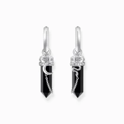 Women THOMAS SABO Hoop Earrings-Silver hoop earrings with onyx in hexagon-shape and small chain
