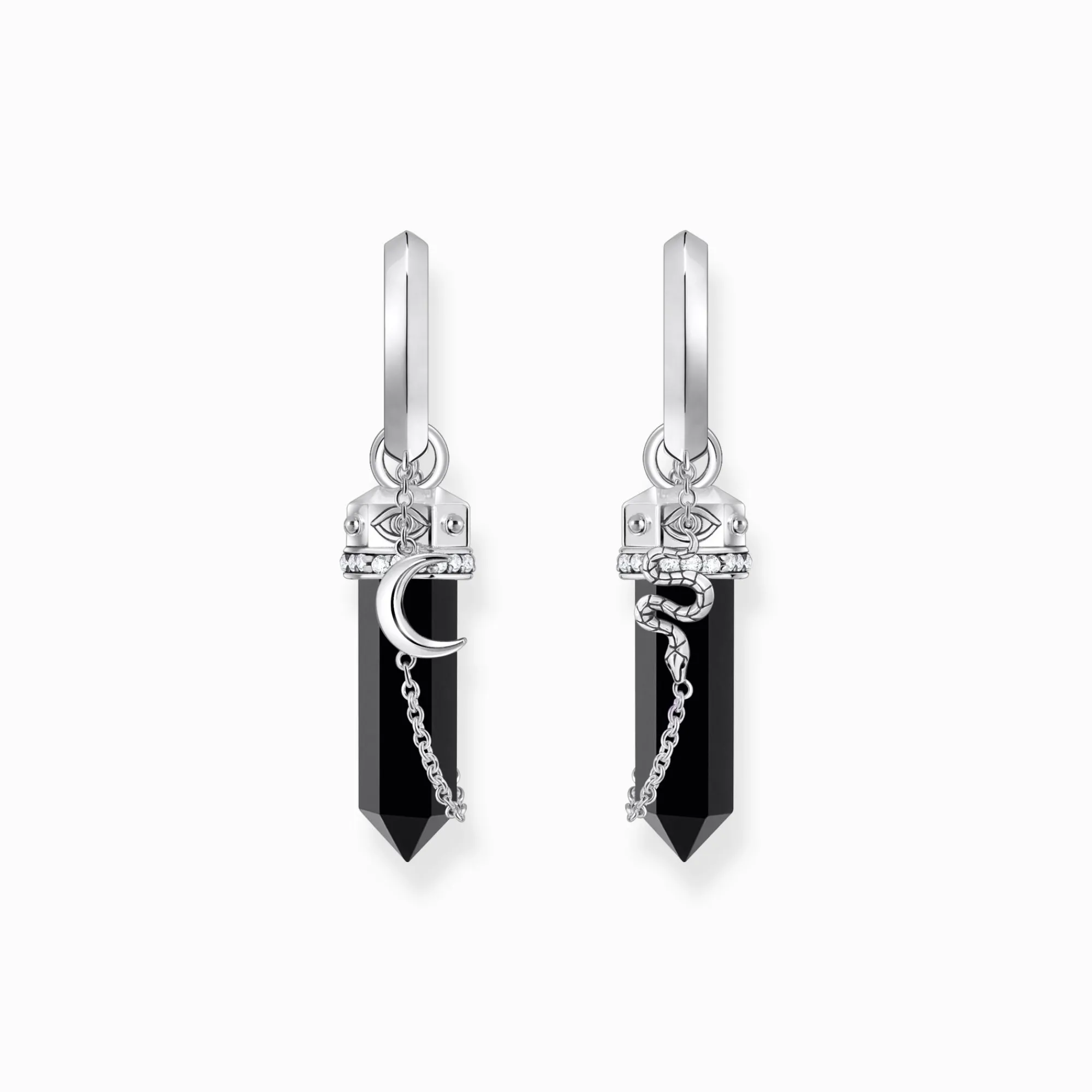 Women THOMAS SABO Hoop Earrings-Silver hoop earrings with onyx in hexagon-shape and small chain