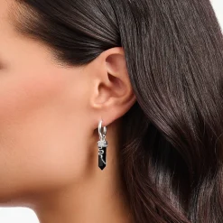 Women THOMAS SABO Hoop Earrings-Silver hoop earrings with onyx in hexagon-shape and small chain
