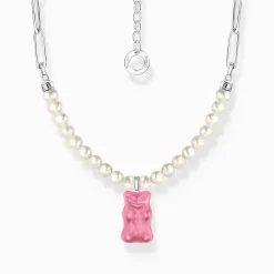 Women THOMAS SABO Necklaces|Pink-Silver link necklace with pink Goldbears & freshwater pearls