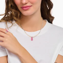 Women THOMAS SABO Necklaces|Pink-Silver link necklace with pink Goldbears & freshwater pearls