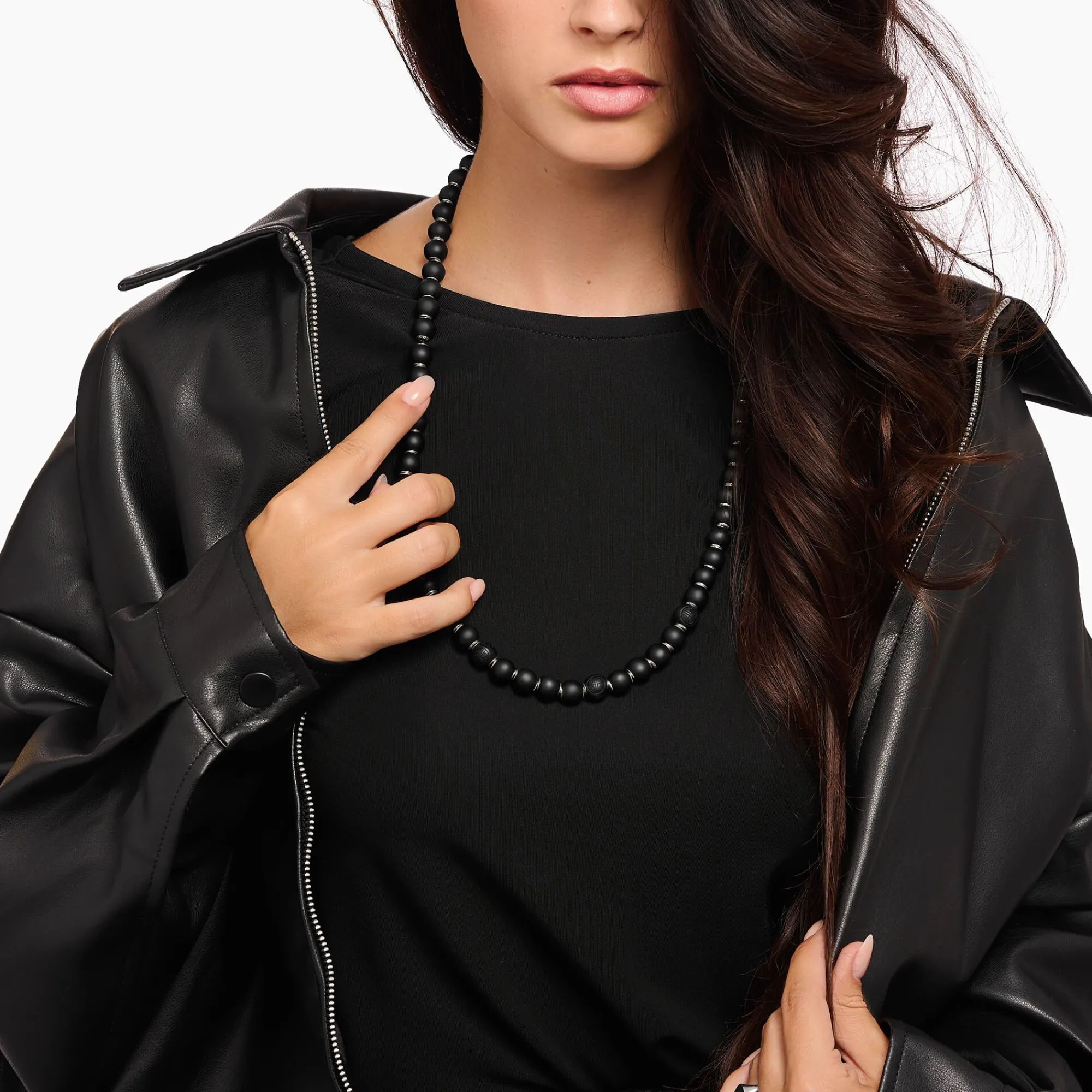 THOMAS SABO Necklaces & Chains|925 Silver-Silver necklace made of matte obsidian and engraved beads