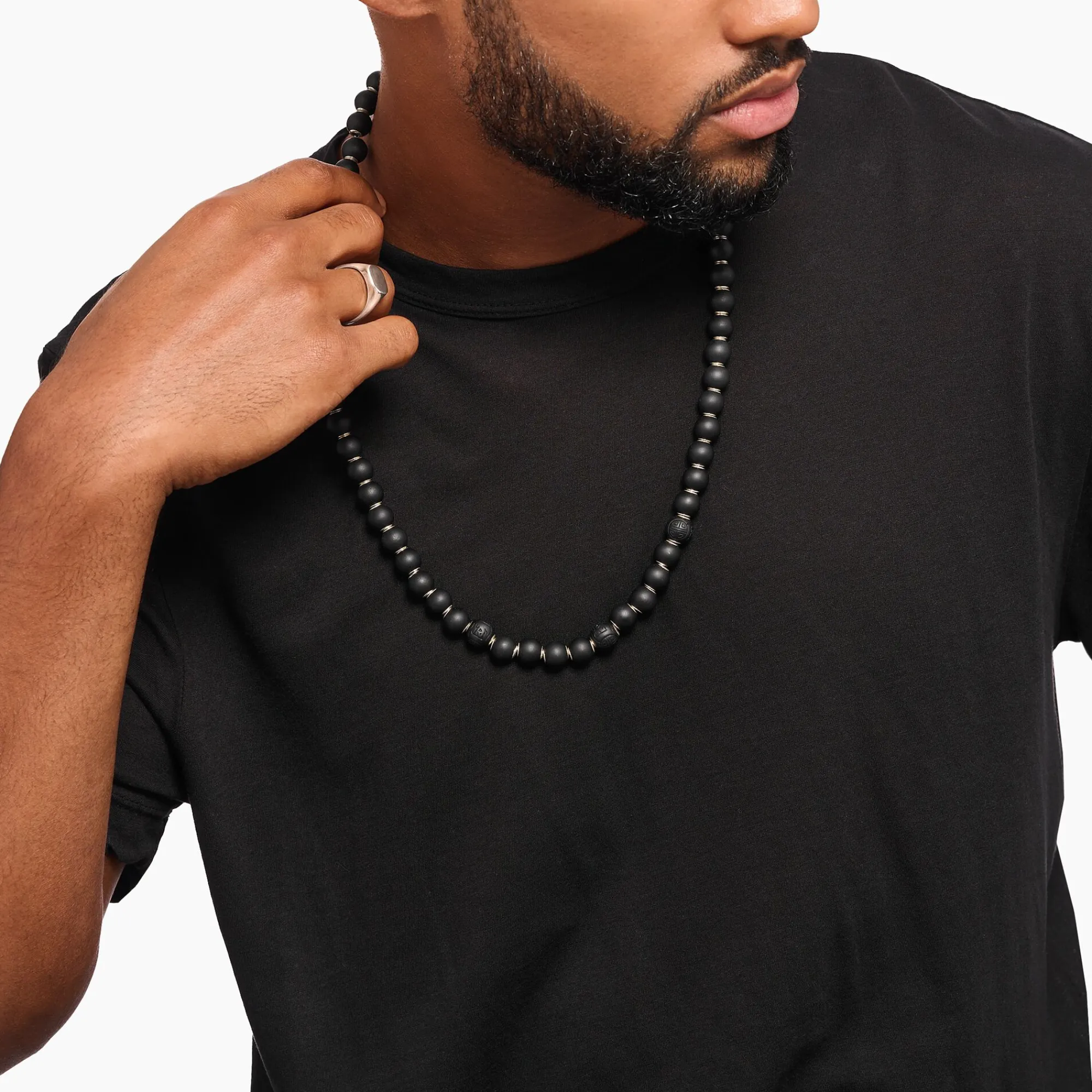 THOMAS SABO Necklaces & Chains|925 Silver-Silver necklace made of matte obsidian and engraved beads