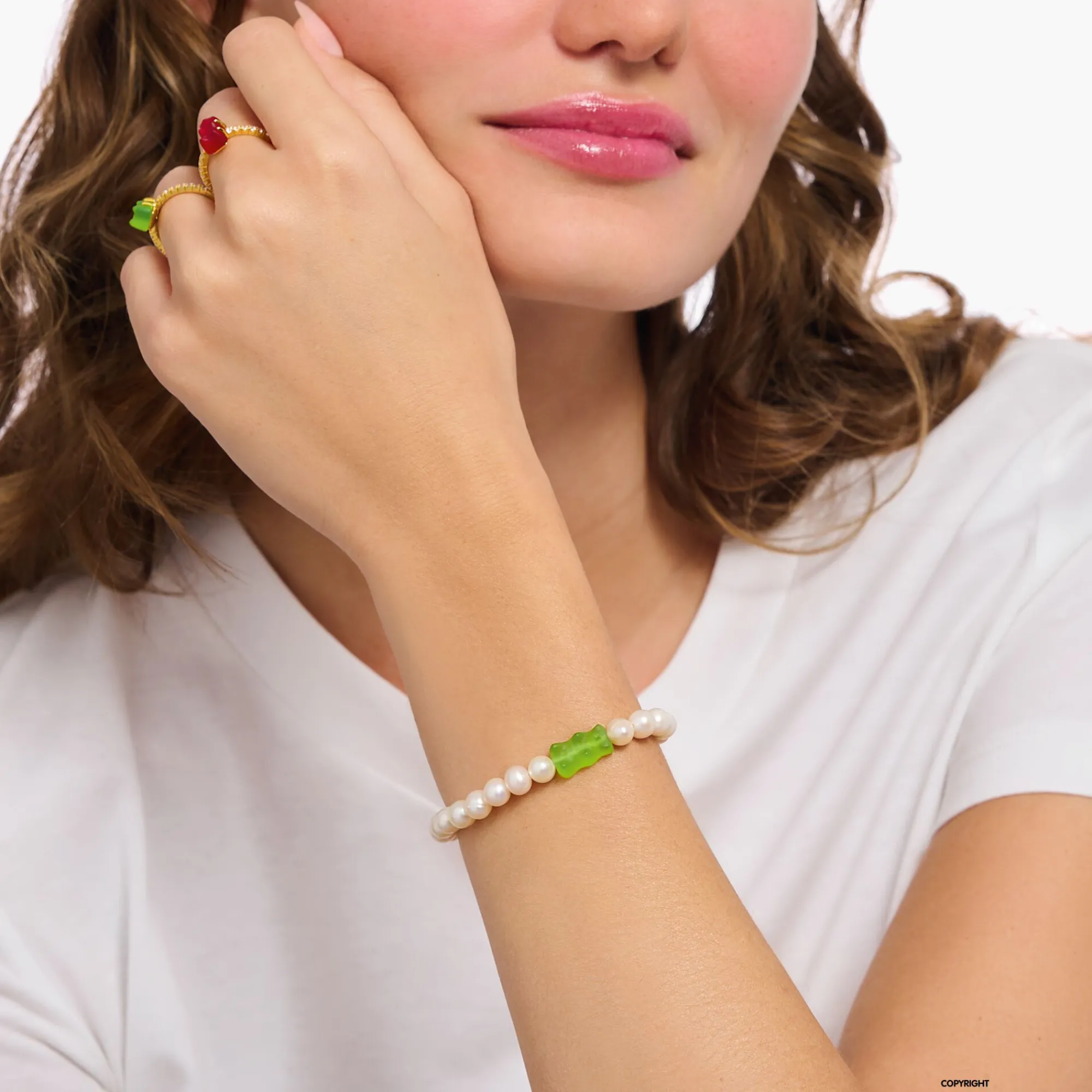 Women THOMAS SABO Bracelets|925 Silver-Silver pearl bracelet with green goldbears