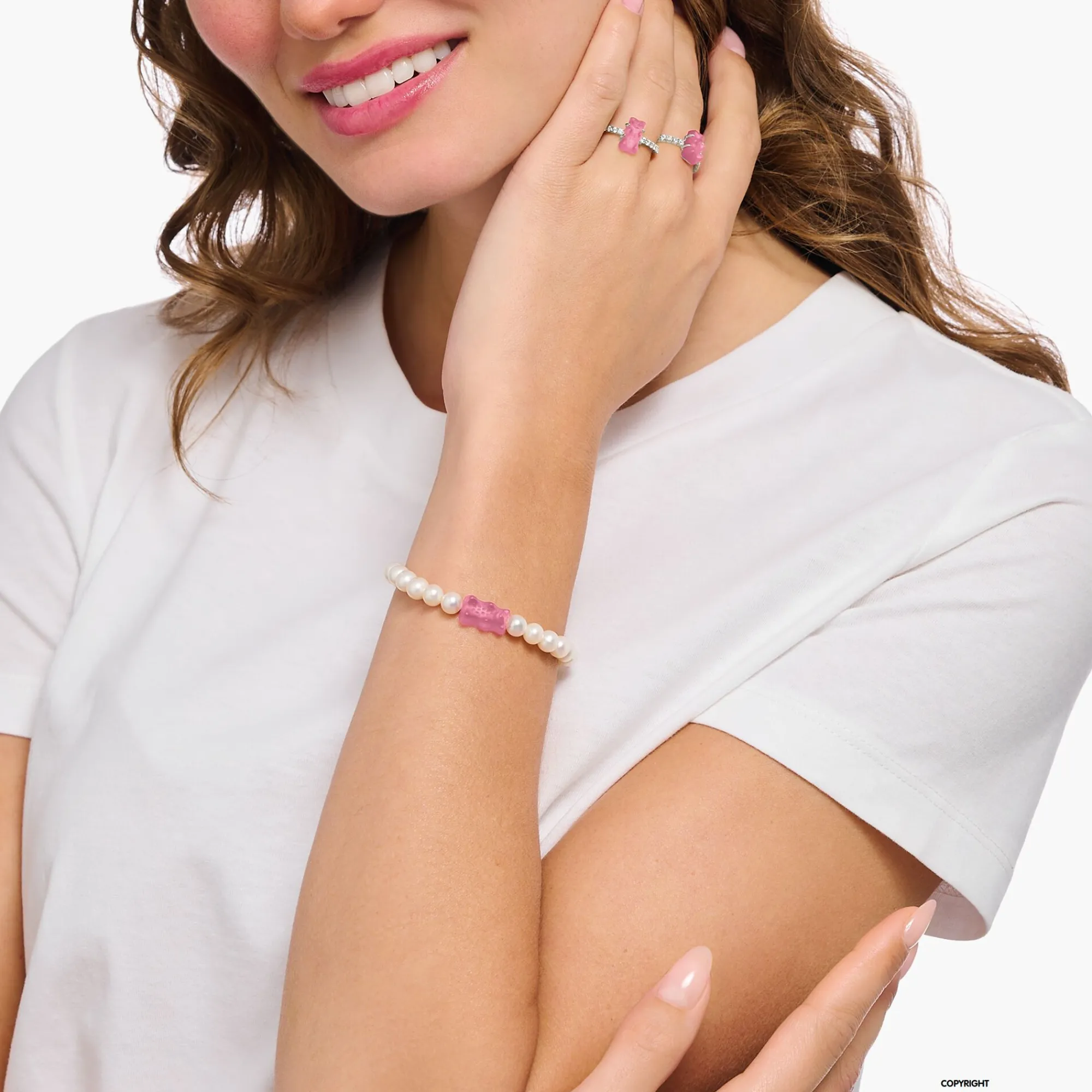 Women THOMAS SABO Bracelets|Pink-Silver pearl bracelet with pink Goldbears