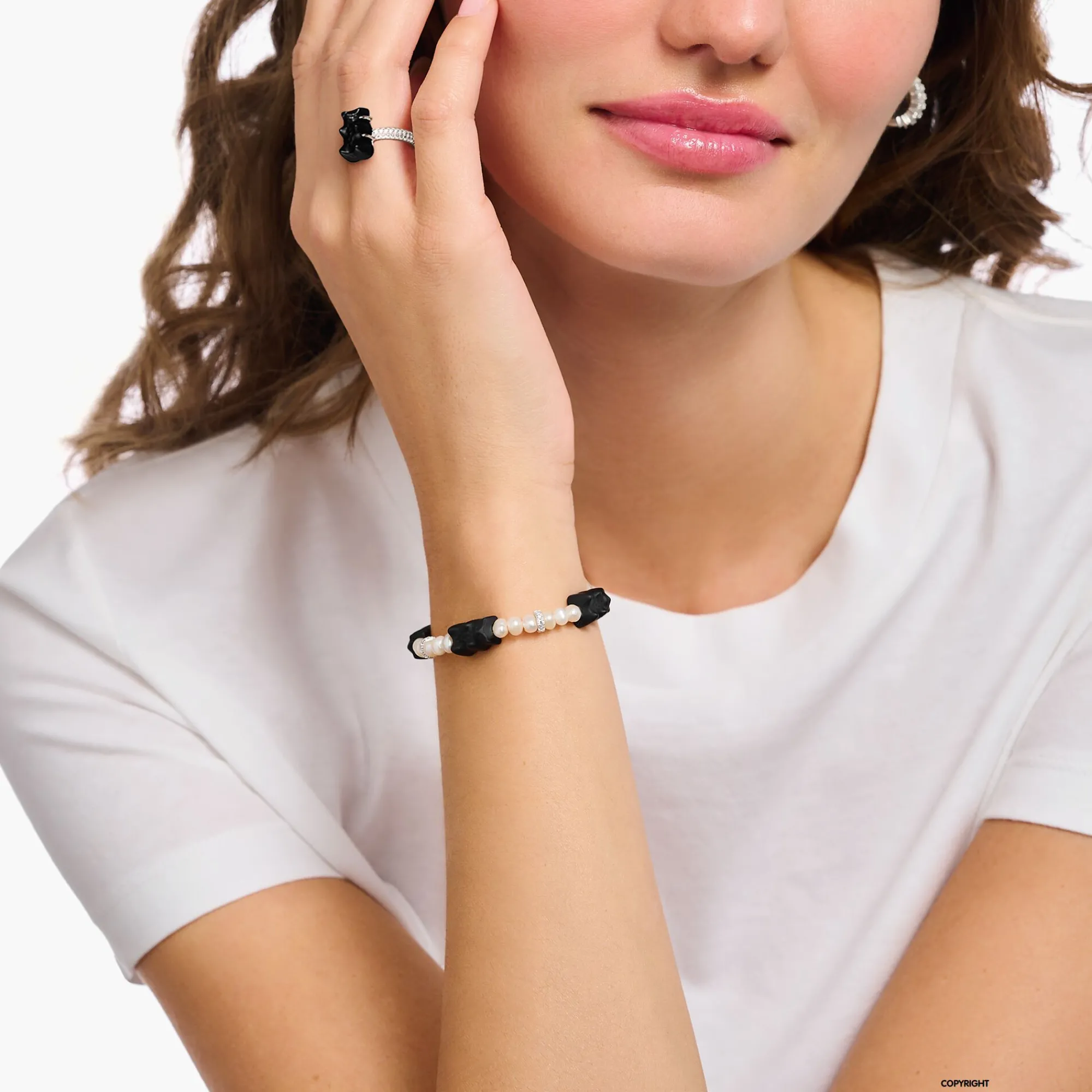 Women THOMAS SABO Bracelets|Black-Silver pearl bracelet with 5 black Goldbears