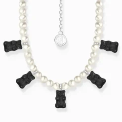Women THOMAS SABO Necklaces|Black-Silver pearl necklace with 5 black goldbears