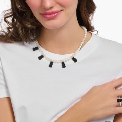 Women THOMAS SABO Necklaces|Black-Silver pearl necklace with 5 black goldbears