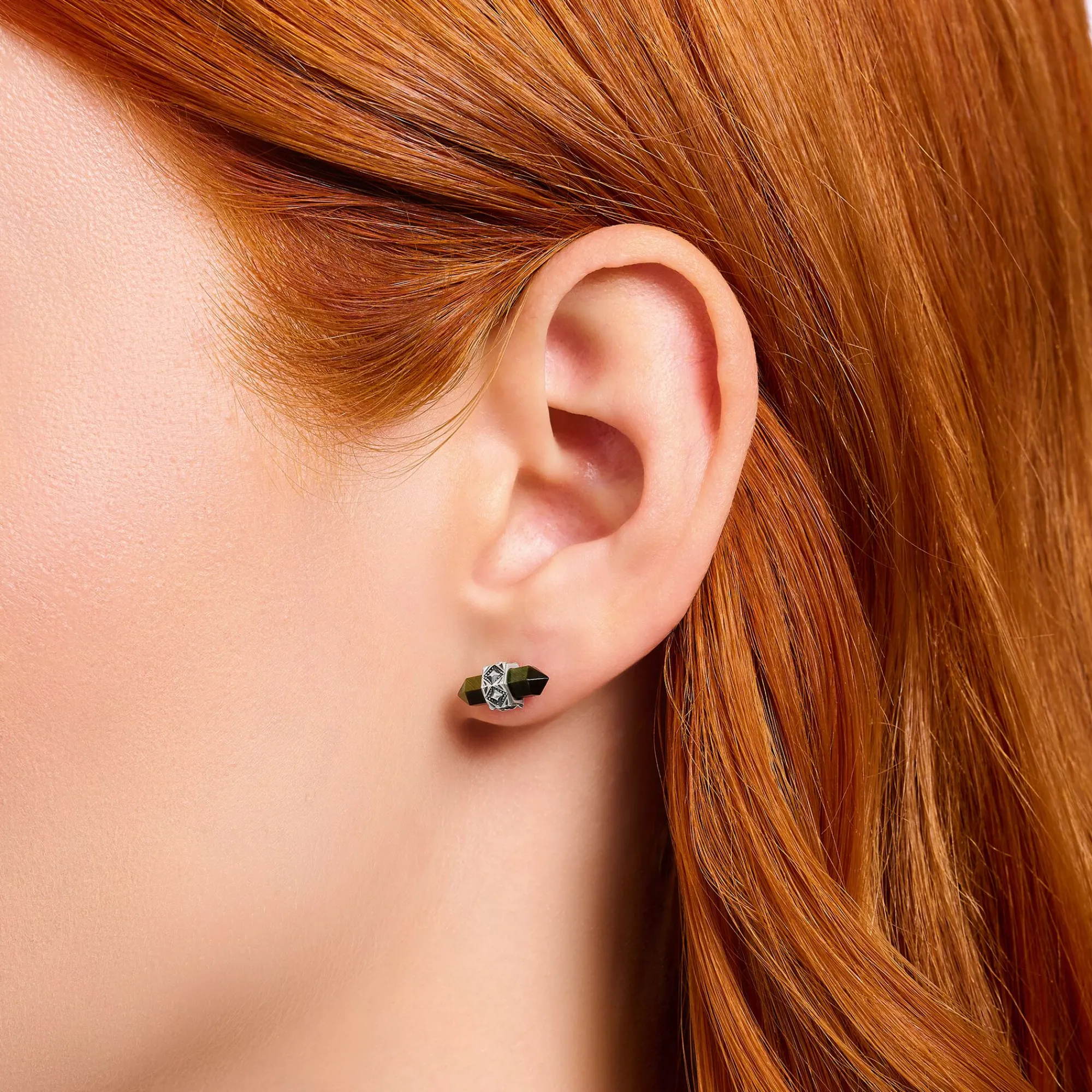 Women THOMAS SABO Ear Studs|Ear Studs & Hoops-Silver single ear stud with gold blue tiger's eye pendant