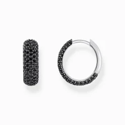 Women THOMAS SABO Hoop Earrings|925 Silver-Silver small, wide hoop earrings with black zirconia