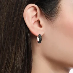 Women THOMAS SABO Hoop Earrings|925 Silver-Silver small, wide hoop earrings with black zirconia