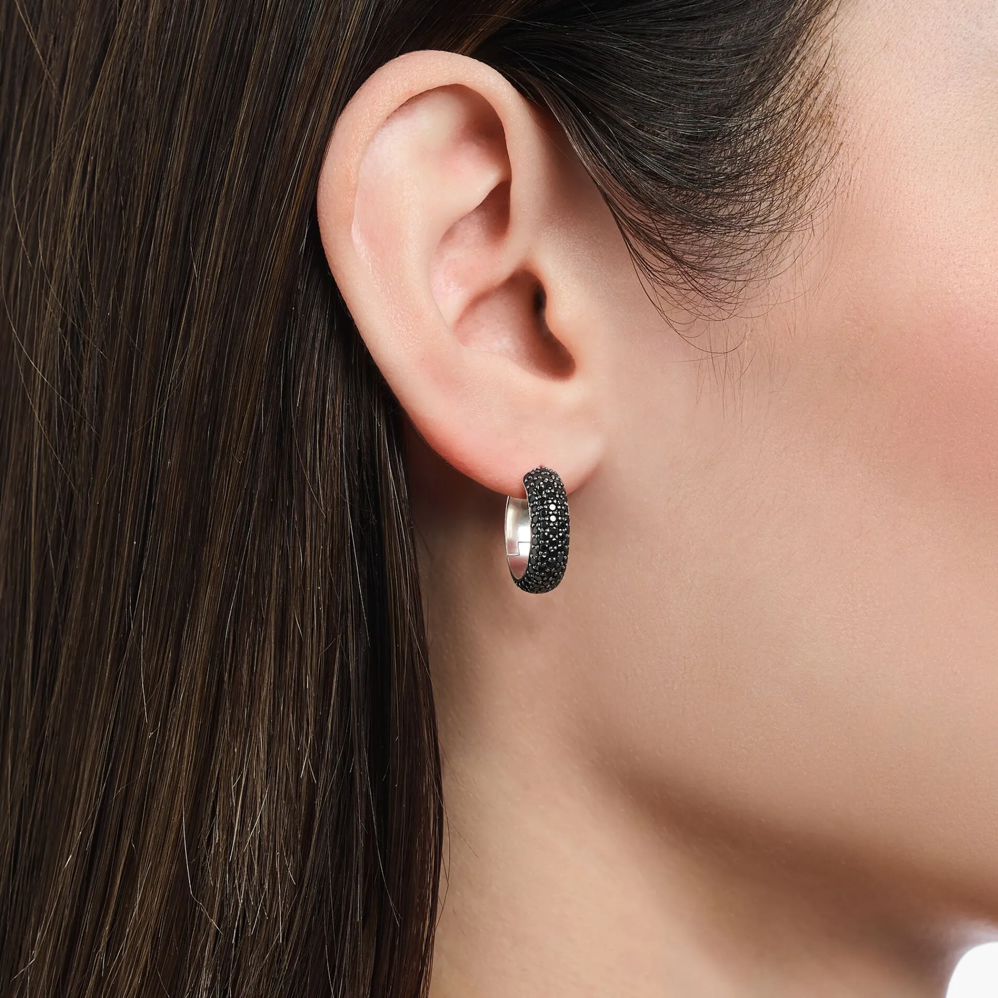 Women THOMAS SABO Hoop Earrings|925 Silver-Silver small, wide hoop earrings with black zirconia