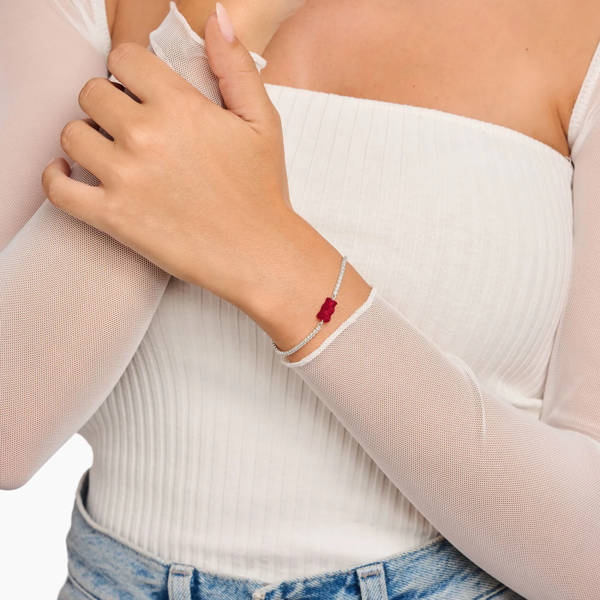 Women THOMAS SABO Bracelets|Red-Silver tennis bracelet with red Goldbear
