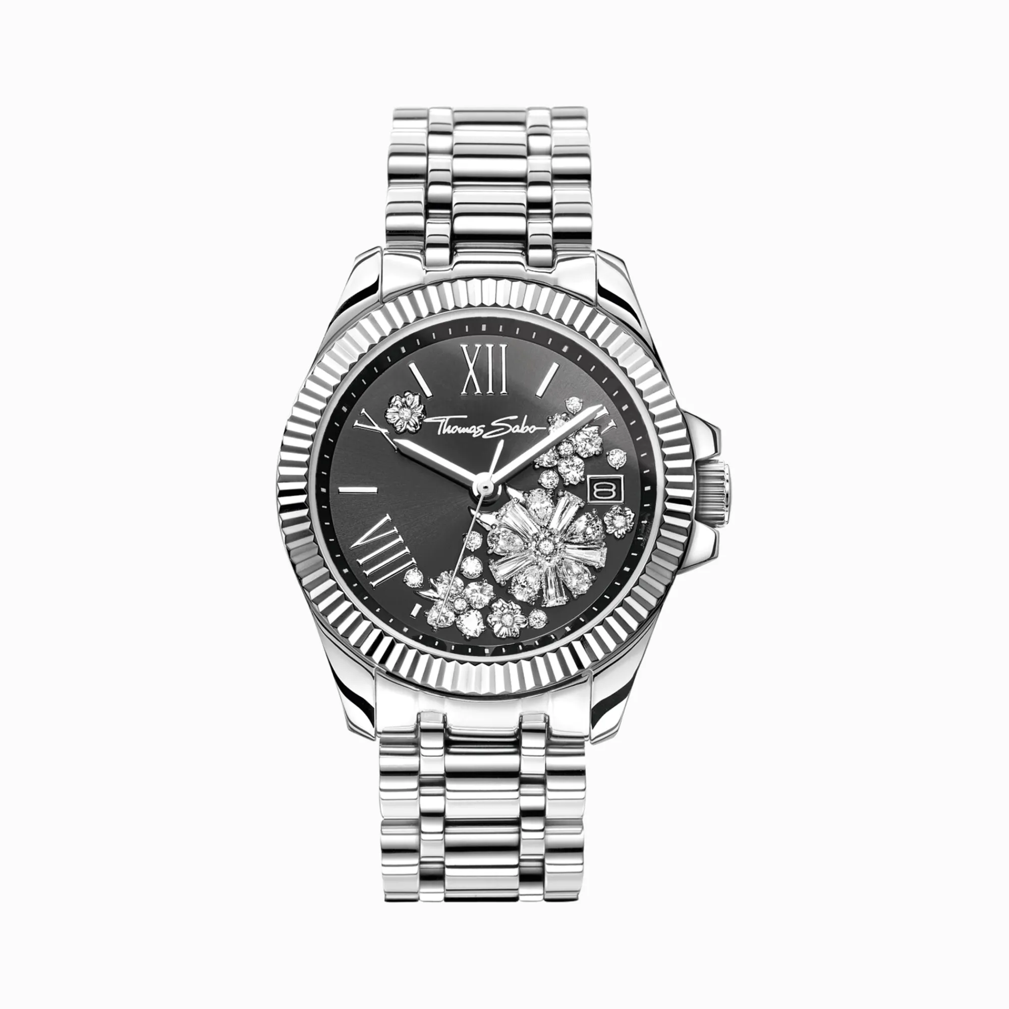Women THOMAS SABO Watches|Ladies' Watches-Silver women's watch with 33 mm, black dial and white flowers