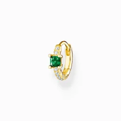 Women THOMAS SABO Hoop Earrings|18-Carat Gold-Plating - 925 Silver-Single hoop earring with green and white stones gold plated