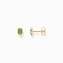 Women THOMAS SABO Ear Studs|18-Carat Gold-Plating - 925 Silver-Small yellow-gold plated ear studs with green stones