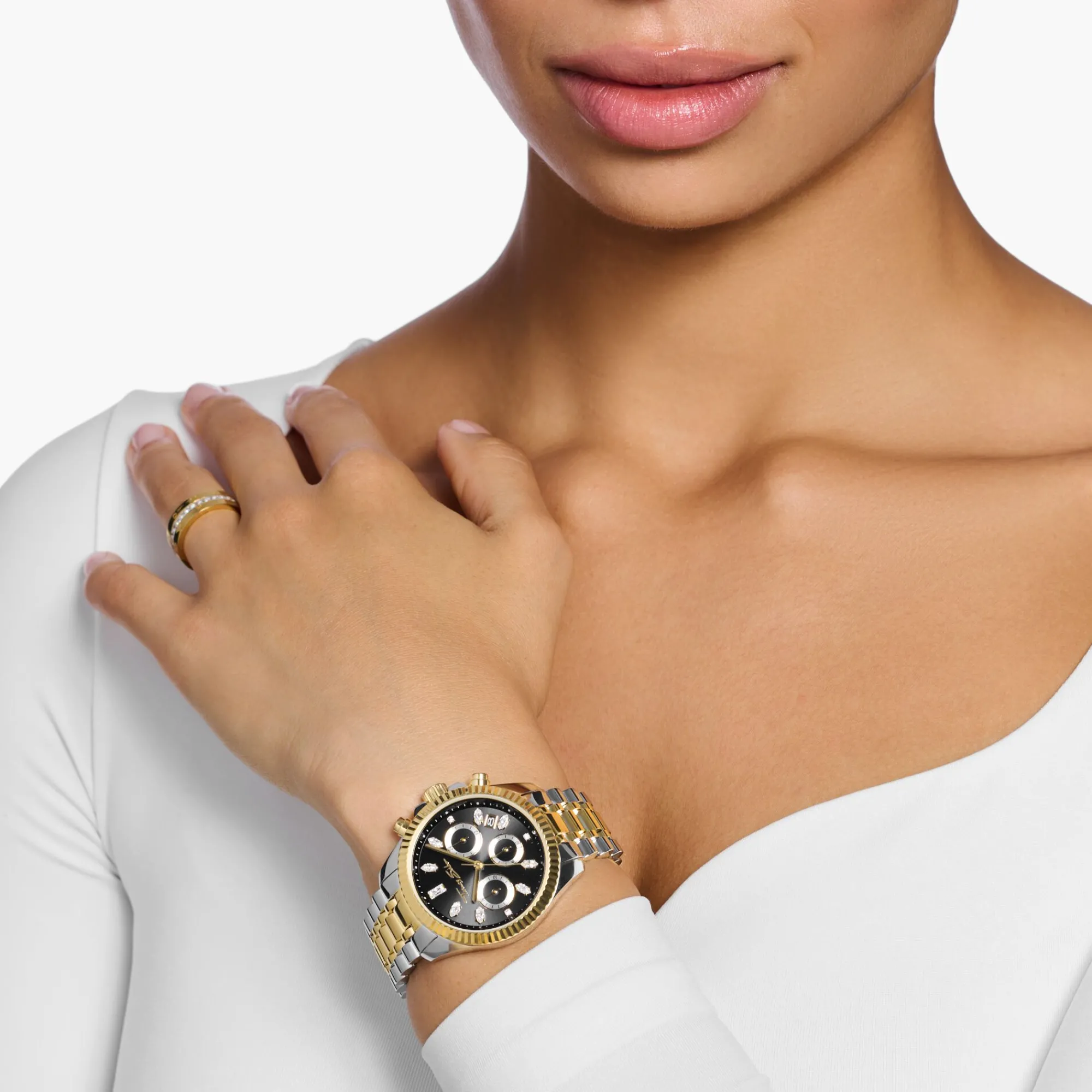 Women THOMAS SABO Watches|Ladies' Watches-Watch Divine Chrono with dial in black yellow gold-coloured