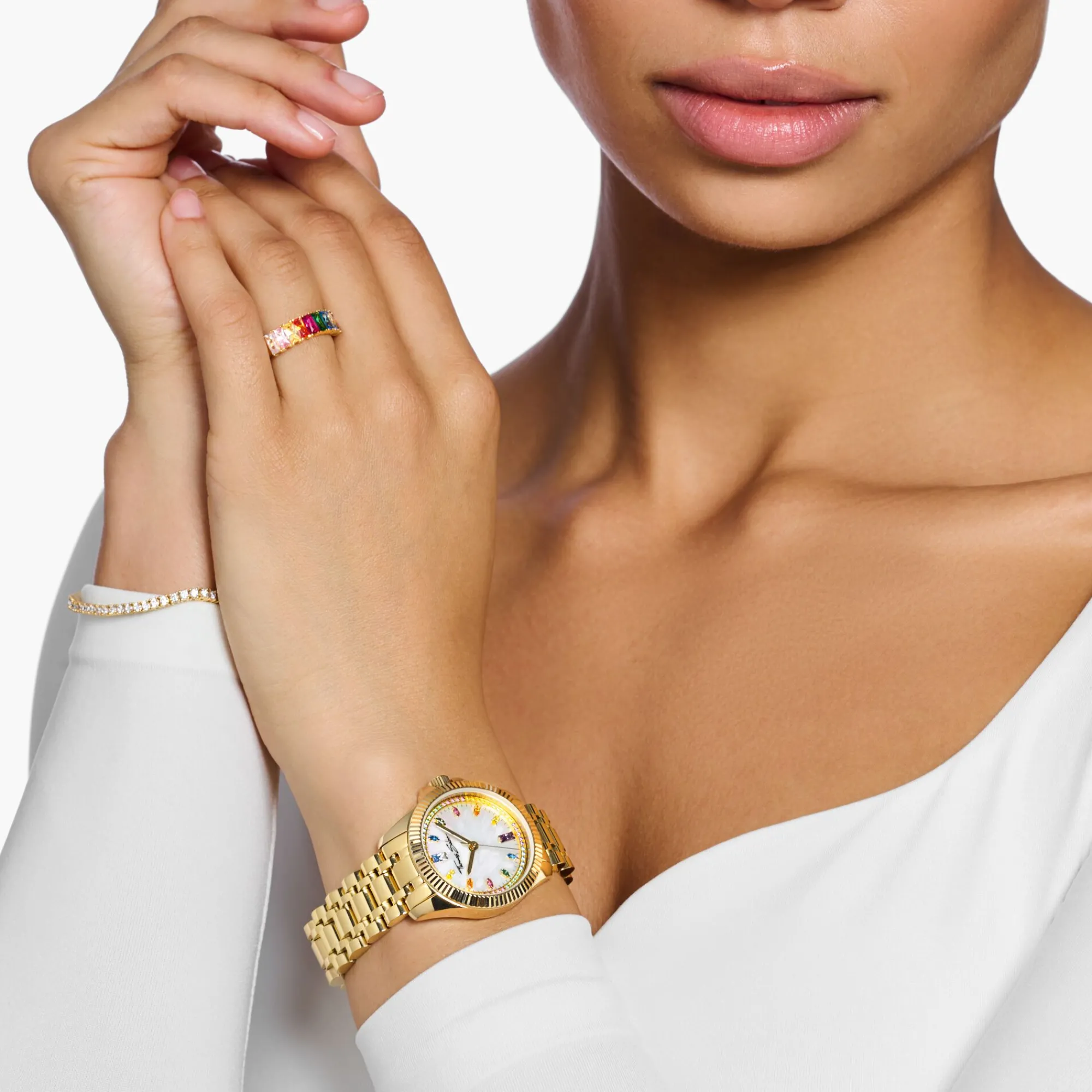 Women THOMAS SABO Watches|Ladies' Watches-Watch for women Divine Rainbow coloured stones yellow gold-coloured