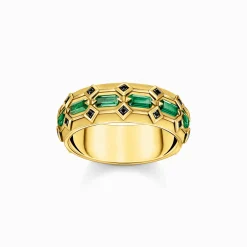 Women THOMAS SABO Rings|18-Carat Gold-Plating - 925 Silver-Wide gold plated ring in crocodile design with green stones