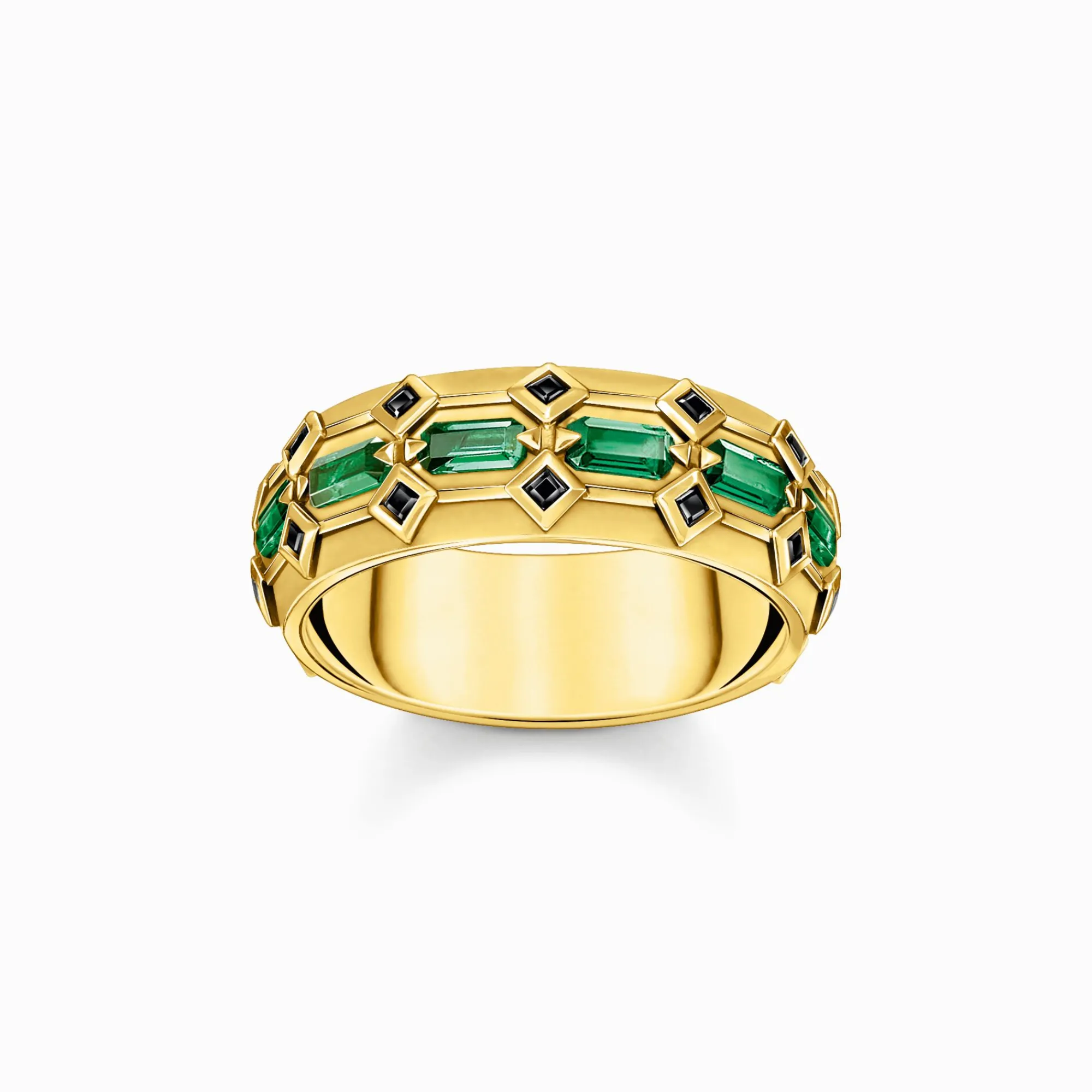 Women THOMAS SABO Rings|18-Carat Gold-Plating - 925 Silver-Wide gold plated ring in crocodile design with green stones