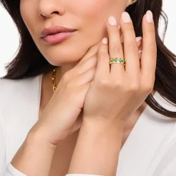Women THOMAS SABO Rings|18-Carat Gold-Plating - 925 Silver-Wide gold plated ring in crocodile design with green stones
