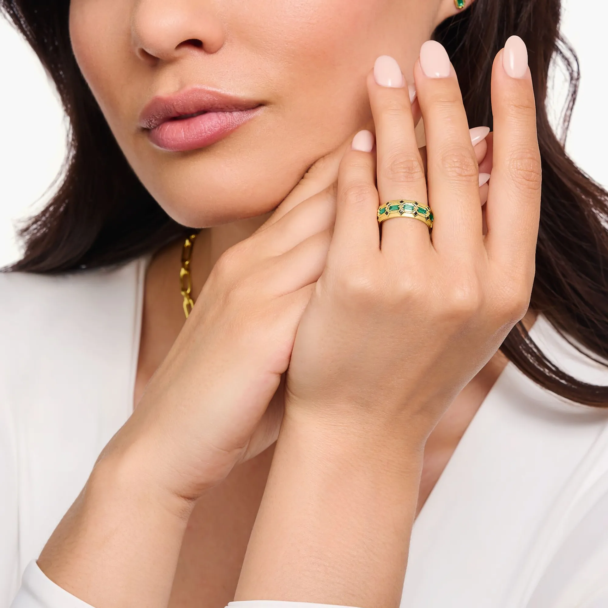 Women THOMAS SABO Rings|18-Carat Gold-Plating - 925 Silver-Wide gold plated ring in crocodile design with green stones
