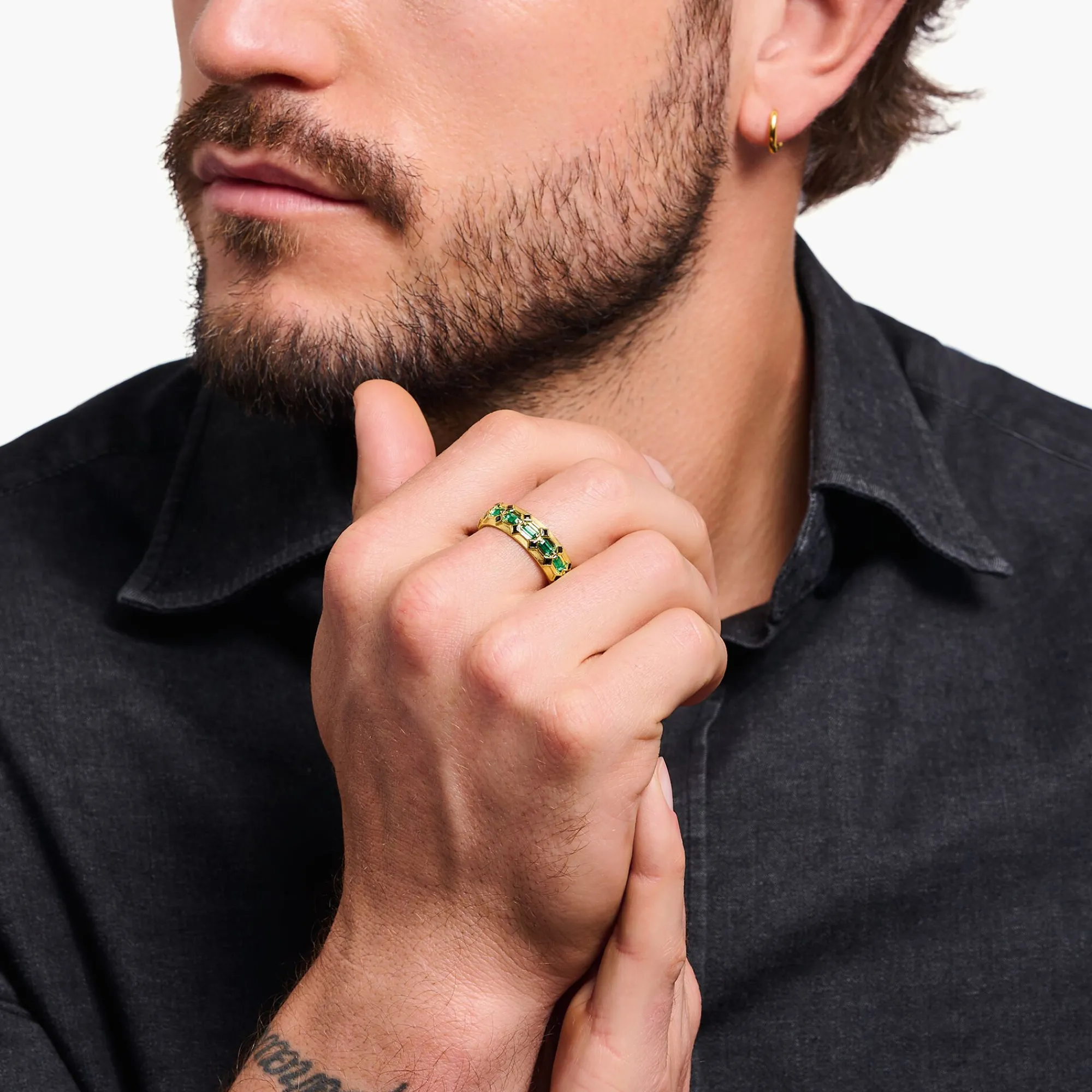 Women THOMAS SABO Rings|18-Carat Gold-Plating - 925 Silver-Wide gold plated ring in crocodile design with green stones