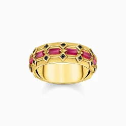 Women THOMAS SABO Rings|18-Carat Gold-Plating - 925 Silver-Wide gold plated ring in crocodile design with red stones