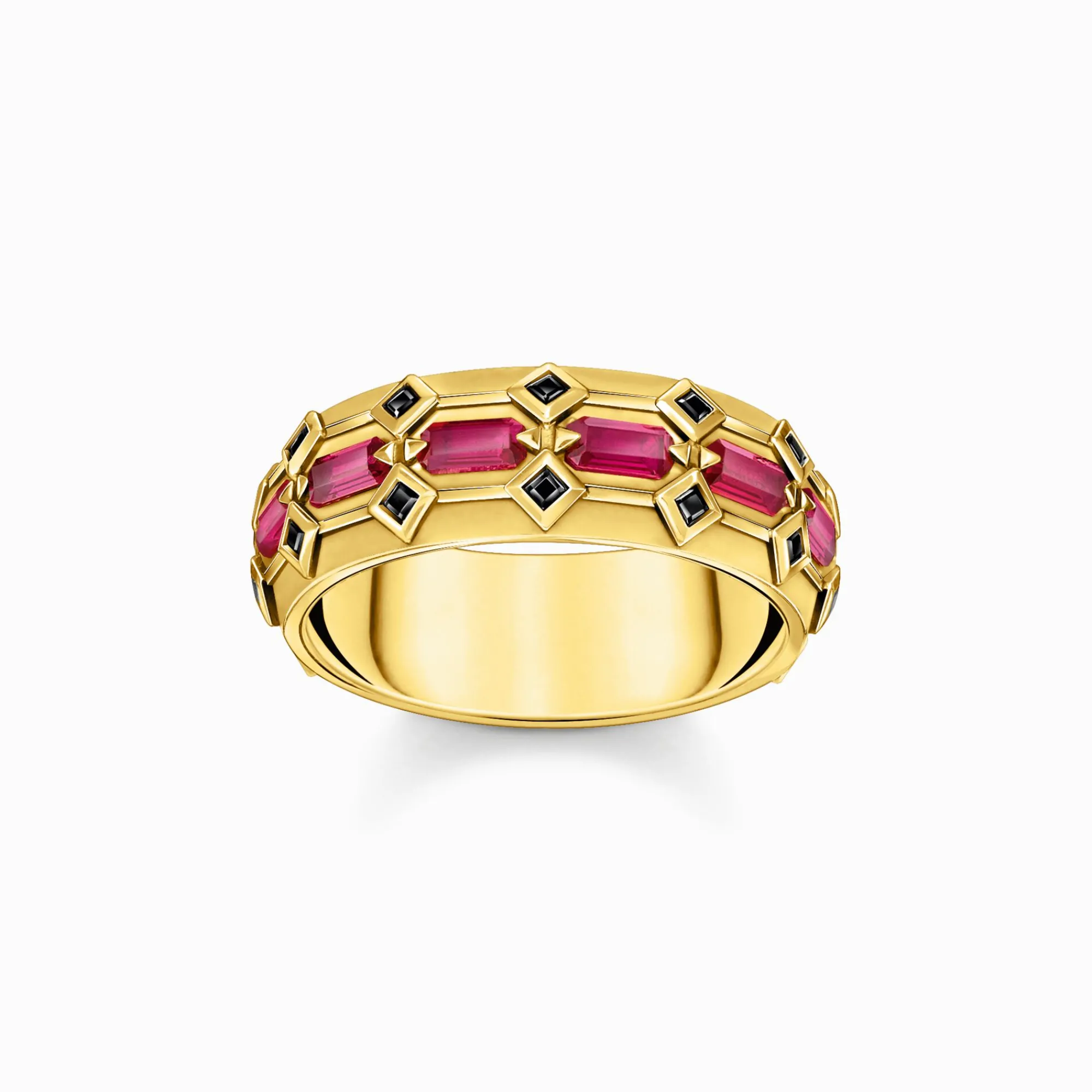 Women THOMAS SABO Rings|18-Carat Gold-Plating - 925 Silver-Wide gold plated ring in crocodile design with red stones