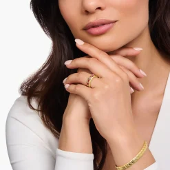 Women THOMAS SABO Rings|18-Carat Gold-Plating - 925 Silver-Wide gold plated ring in crocodile design with red stones