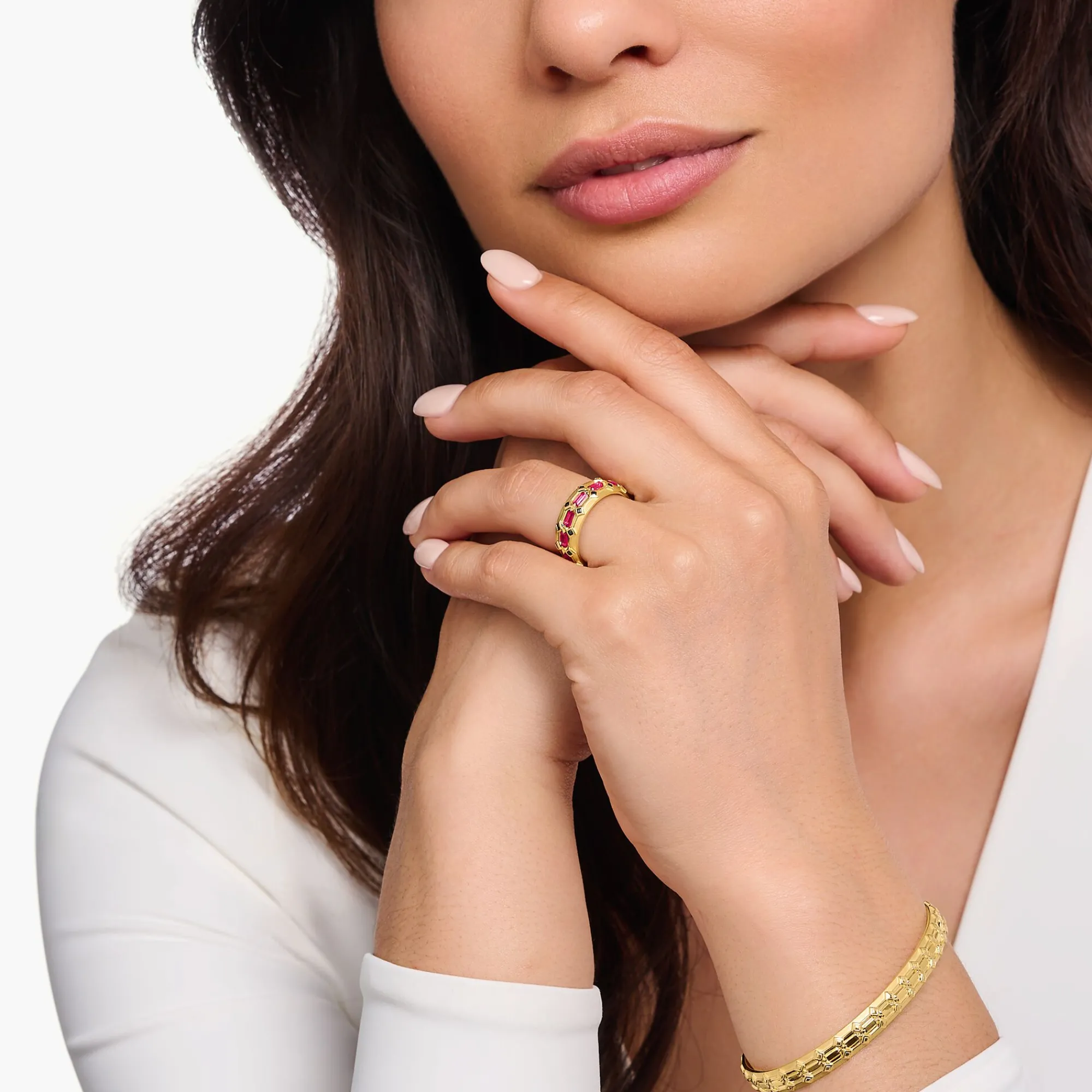 Women THOMAS SABO Rings|18-Carat Gold-Plating - 925 Silver-Wide gold plated ring in crocodile design with red stones