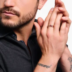 Women THOMAS SABO Rings|18-Carat Gold-Plating - 925 Silver-Wide gold plated ring in crocodile design with red stones