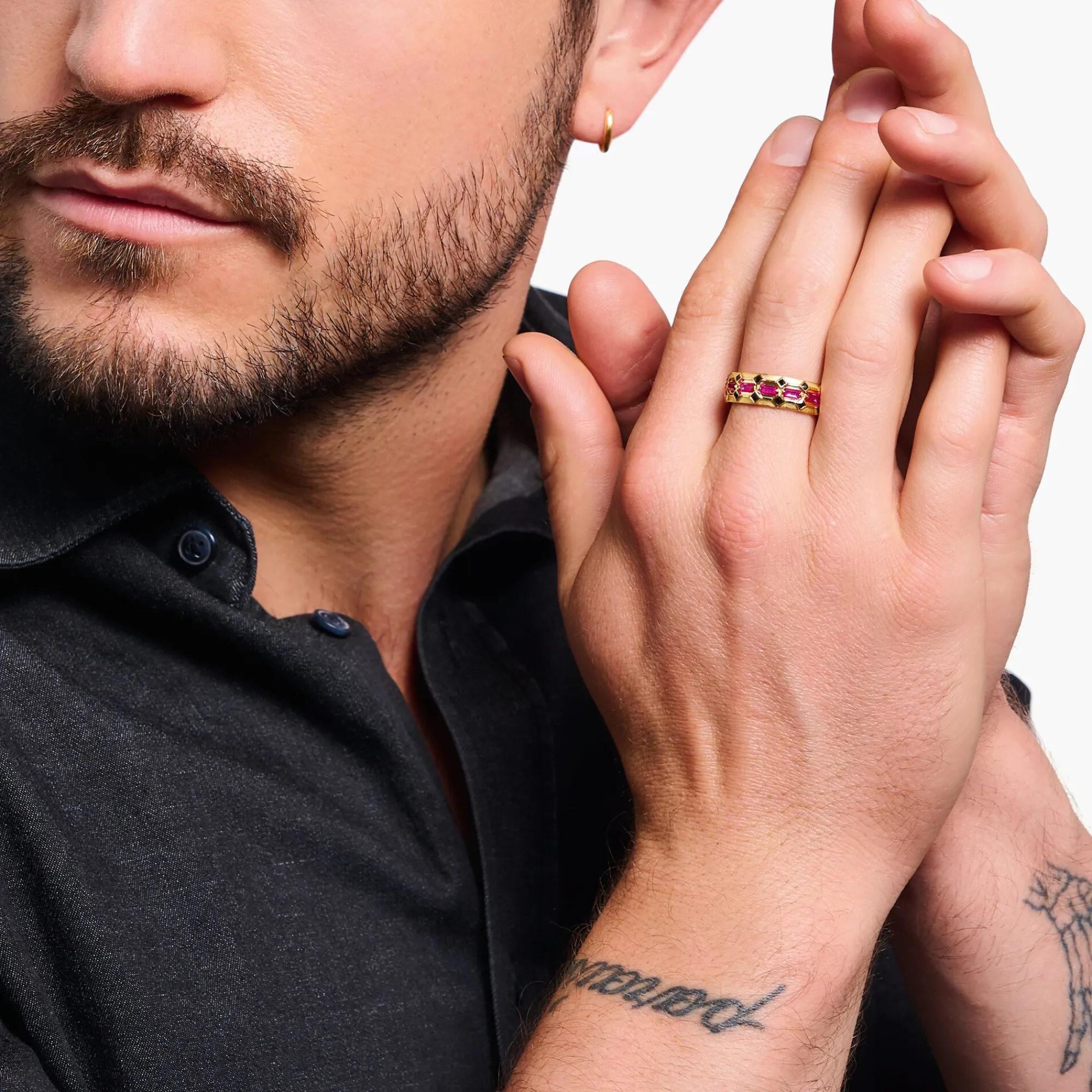 Women THOMAS SABO Rings|18-Carat Gold-Plating - 925 Silver-Wide gold plated ring in crocodile design with red stones