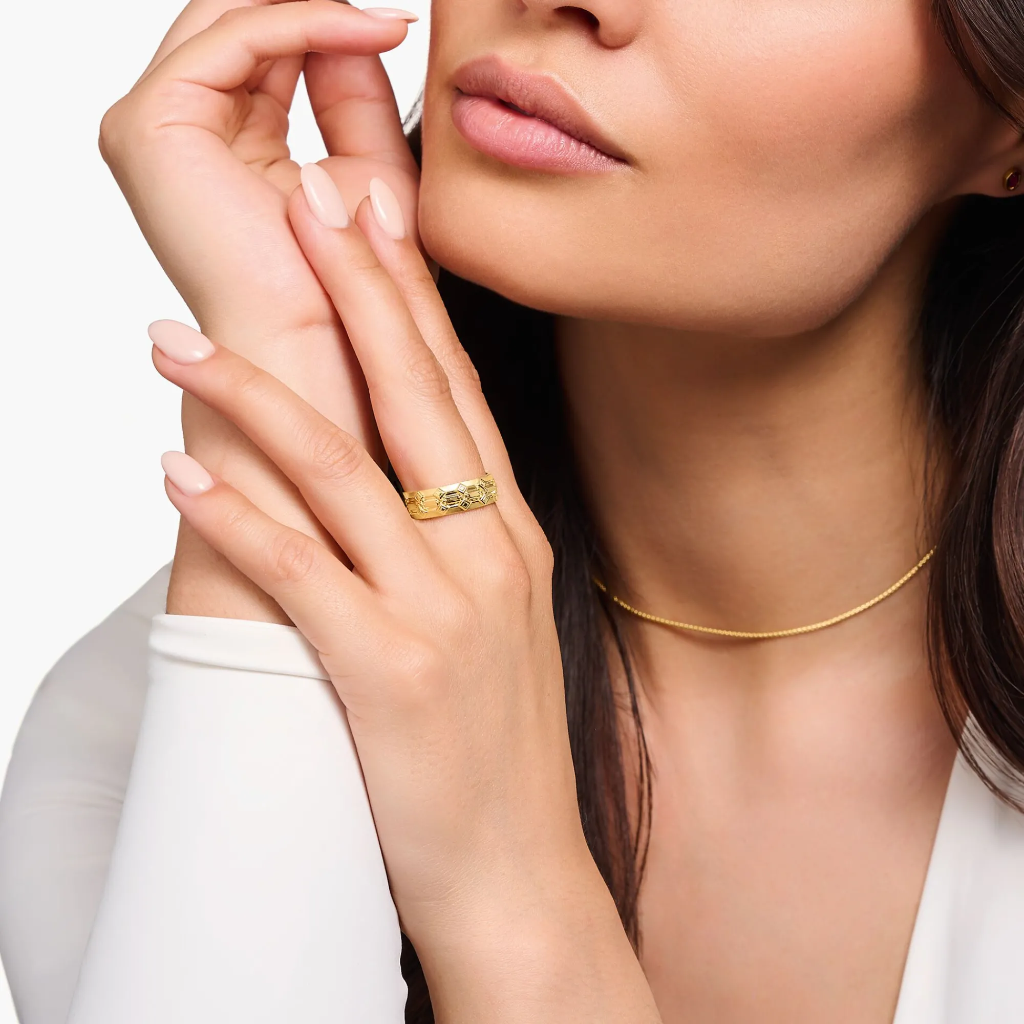 Women THOMAS SABO Rings|18-Carat Gold-Plating - 925 Silver-Wide yellow-gold plated band ring with crocodile detailing