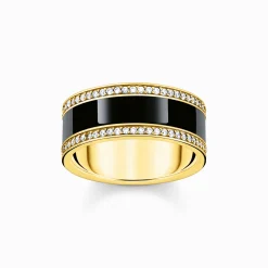 Women THOMAS SABO Rings|18-Carat Gold-Plating - 925 Silver-Yellow-gold plated band ring with black cold enamel and zirconia