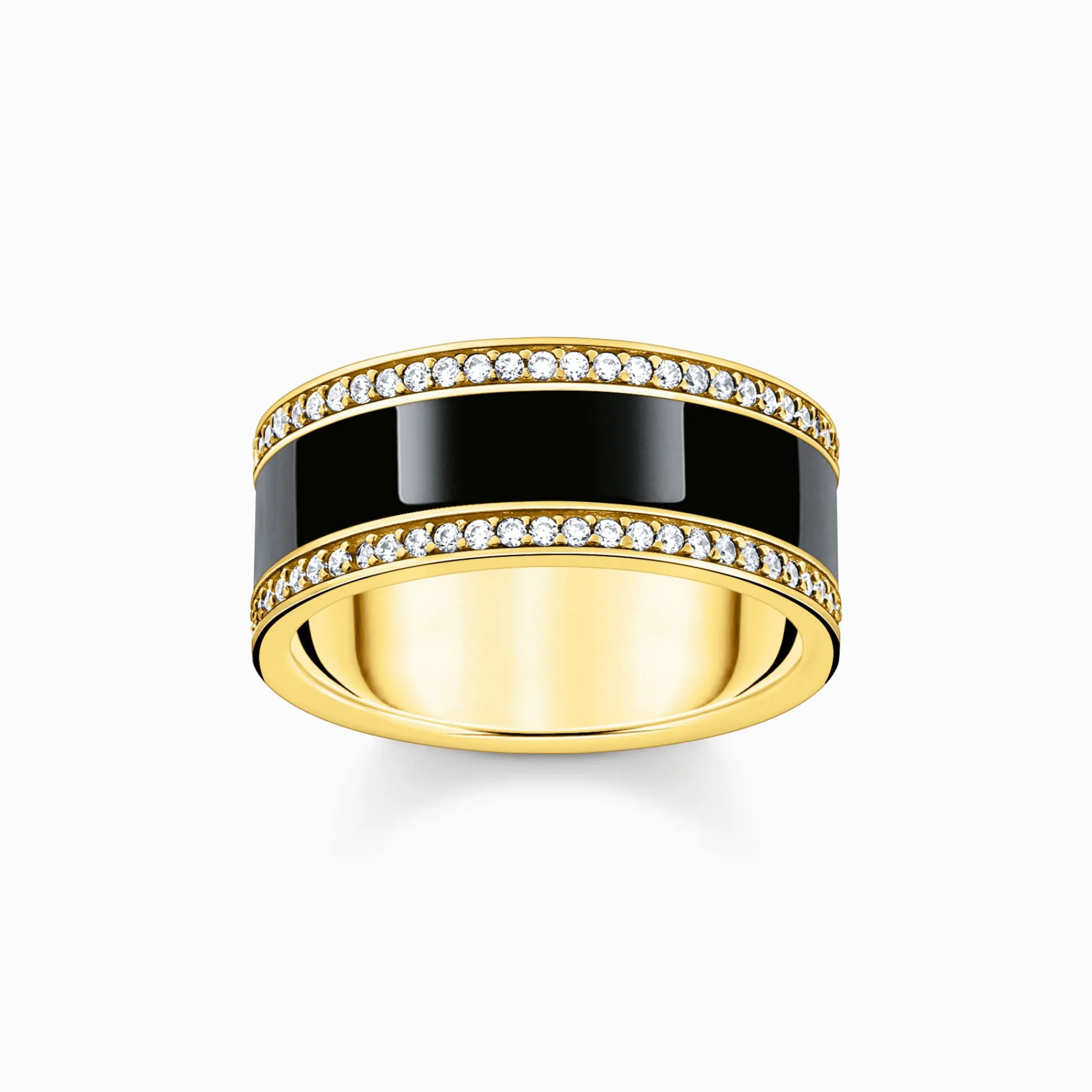 Women THOMAS SABO Rings|18-Carat Gold-Plating - 925 Silver-Yellow-gold plated band ring with black cold enamel and zirconia