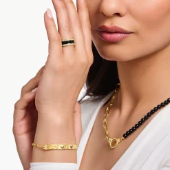 Women THOMAS SABO Rings|18-Carat Gold-Plating - 925 Silver-Yellow-gold plated band ring with black cold enamel and zirconia