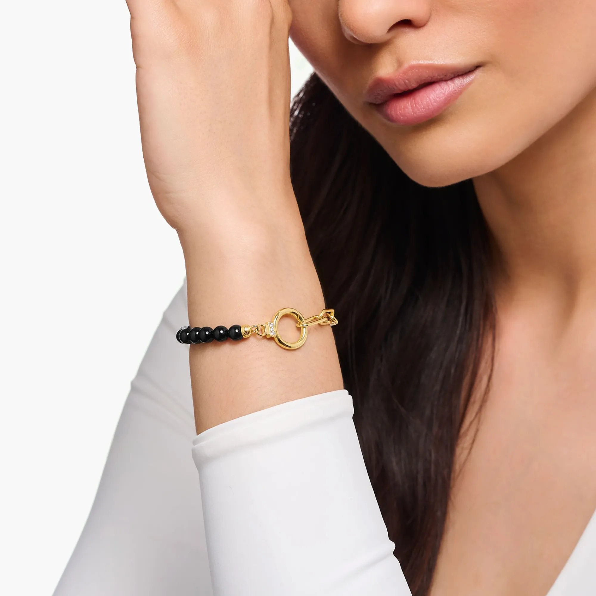Women THOMAS SABO Bracelets|18-Carat Gold-Plating - 925 Silver-Yellow-gold plated bracelet with onyx beads and white zirconia