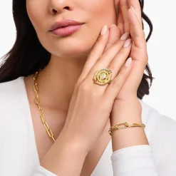 Women THOMAS SABO Rings-Yellow-gold plated cocktail ring with half-ball and stones