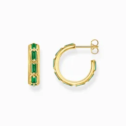 Women THOMAS SABO Hoop Earrings|18-Carat Gold-Plating - 925 Silver-Yellow-gold plated hoop earrings with green stones