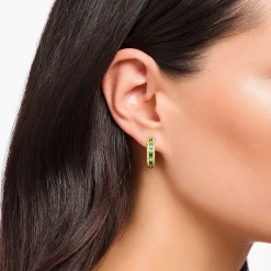 Women THOMAS SABO Hoop Earrings|18-Carat Gold-Plating - 925 Silver-Yellow-gold plated hoop earrings with green stones