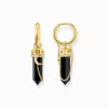 Women THOMAS SABO Hoop Earrings|18-Carat Gold-Plating - 925 Silver-Yellow-gold plated hoop earrings with onyx and small chain