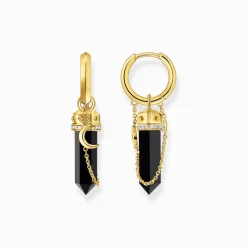 Women THOMAS SABO Hoop Earrings|18-Carat Gold-Plating - 925 Silver-Yellow-gold plated hoop earrings with onyx and small chain