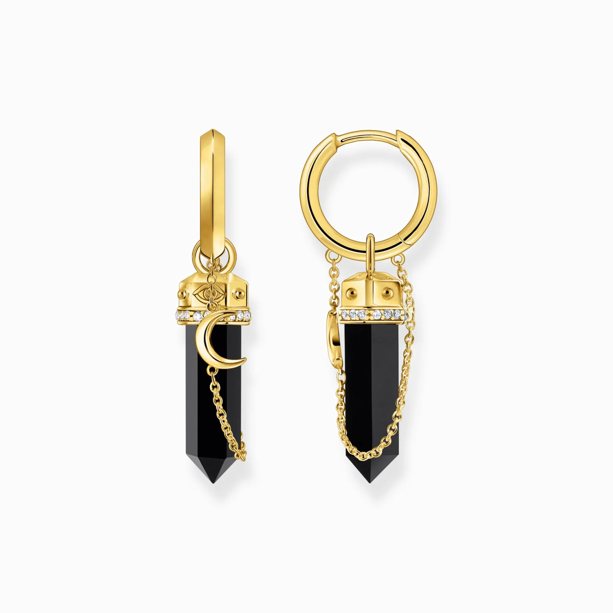 Women THOMAS SABO Hoop Earrings|18-Carat Gold-Plating - 925 Silver-Yellow-gold plated hoop earrings with onyx and small chain
