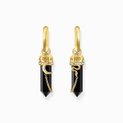 Women THOMAS SABO Hoop Earrings|18-Carat Gold-Plating - 925 Silver-Yellow-gold plated hoop earrings with onyx and small chain