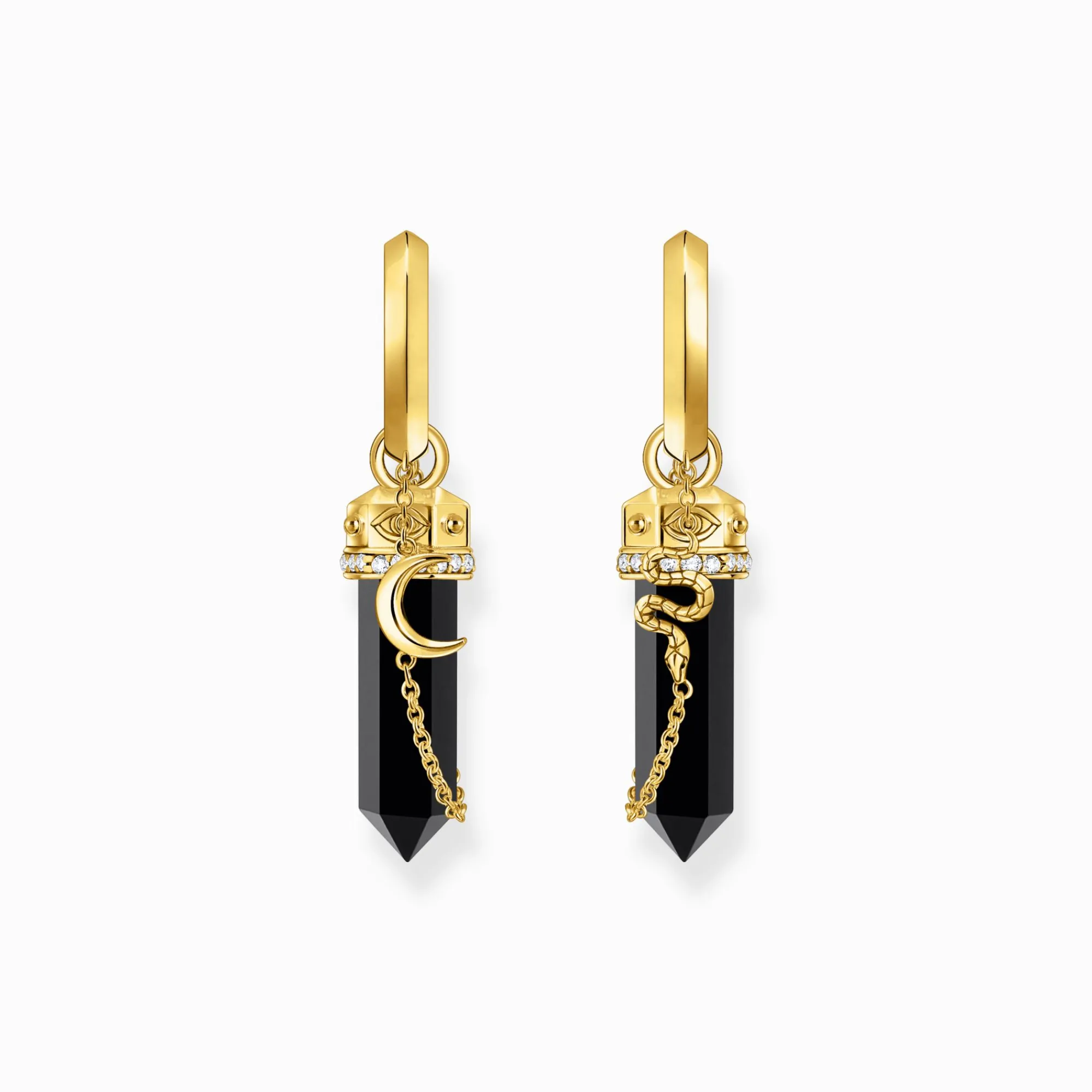 Women THOMAS SABO Hoop Earrings|18-Carat Gold-Plating - 925 Silver-Yellow-gold plated hoop earrings with onyx and small chain