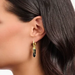 Women THOMAS SABO Hoop Earrings|18-Carat Gold-Plating - 925 Silver-Yellow-gold plated hoop earrings with onyx and small chain