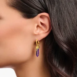 Women THOMAS SABO Hoop Earrings|18-Carat Gold-Plating - 925 Silver-Yellow-gold plated hoop earrings with imitation amethysts