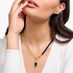 Women THOMAS SABO Pendants|18-Carat Gold-Plating - 925 Silver-Yellow-gold plated pendant with onyx in hexagon-shape and stones
