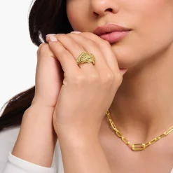 Women THOMAS SABO Rings|18-Carat Gold-Plating - 925 Silver-Yellow-gold plated ring with crocodile in 3D-Design